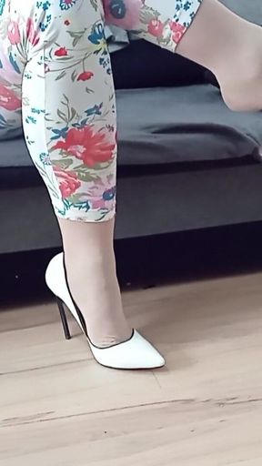 Crossdresser Dangling in White Casadei Blade Pointed Toe High Heels Pumps