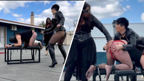 Leather-clad Mistress Alexandra and Mistress Juliette cane her disobedient slave