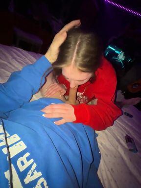 Homemade babe gives a deepthroat blowjob in her petite teenage body