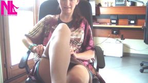 Nyllady Putting on Pantyhose and Footplay with Milk Colored Wedges