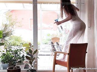 Naked Window Cleaning with a Hot Brunette in a Sheer Dress and No Panties. Amy Haze