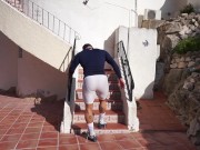 working out in very see through white spandex