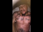 Muscle tattoo man masturbating and exploding hot cum all over his own body