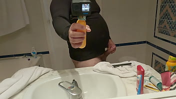 Big belly guy in spandex shirt jerking off infront of mirror cumming on the floor