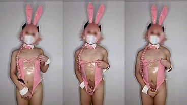 Femboy Astolfo in Pink Bunny Suit Wets Herself