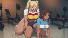 Muscular Spanish Gym Bodybuilder Strapon Fucks Hot Argentine Girl in Tight T-Shirt