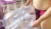 Man moaning going from soft to hard in a transparent sexdoll and cum in condom - Choose your favorite angle