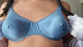 Caressing My Hard and Firm Tits Under My Silky Shiny Blue Nylon Bra, Vintage Bra 90s Lingerie