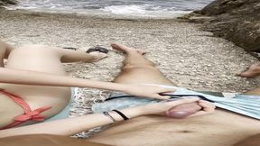 Risky outdoor handjobs on holiday - massive tool, cumshot, masturbation