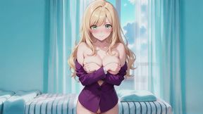 Blonde Boss in Purple Suit! Cyberpunk City vs. Private Bedroom Contrast, Lazy Poses, Finger on Lips, Body Already Soaked!