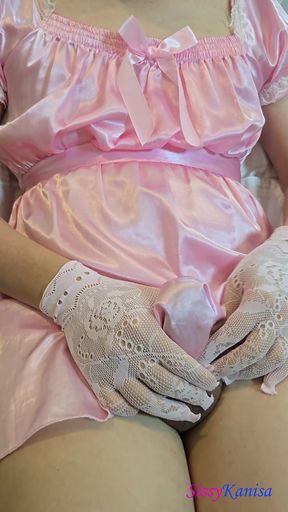Sissy Kanisa Jerking off with Pink Satin Dress and Lace Glove