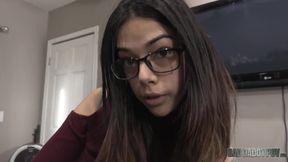 Nerdy girl with glasses begs for forgiveness in sexy roleplay