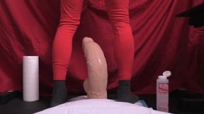 squatting on huge toy