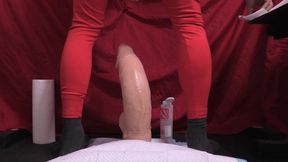 squatting on huge toy