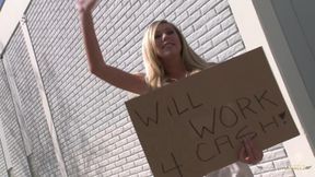 Beauty with blonde hair takes care of a dick on the couch