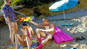 MILF gags on two huge cocks on the beach then gets fucked to mouth cumshot