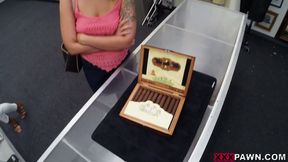 Layla London fucks a pawn broker to sell her illegal Cuban cigars