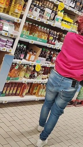 Crazy Rebeca Addams in Jeans Buttcrack at the Supermarket