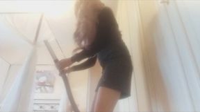 my step mom, a beautiful housewife plays with a vacuum cleaner