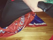 Cumming through Adidas track pants