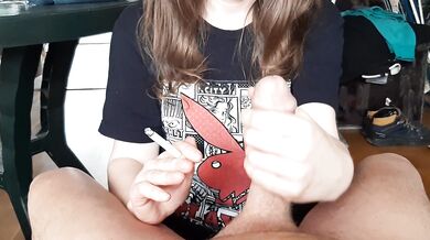 Milf housewife plays with her big dick while smoking