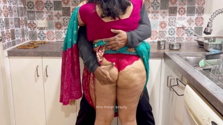 Indian Couple Romance in Kitchen - Saree Sensual Sex - Saree lifted up - Pussy, Boobs and Ass Play