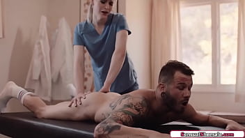 Trans nurse Lianna Lawson gives massage to a patient and he gets hot.The tgirl fingers his ass and gives him a footjob.Then the shemale barebacks him