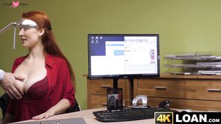 Redhaired babe shows off big tits before office hammering