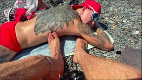 Public blowjob and sex on a crowded beach. PART 1
