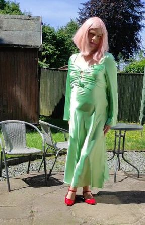 Sissy Tgirl in Sexy Green Satin Dress