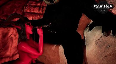 Succubus deepthroats orc monster cock in cave creampie blowjob