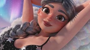 cute sexy animated woman lays with her hands behind her head and shows us her smooth armpits