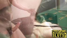 ”Petite British sub swallowing cum after rough dom treatment”