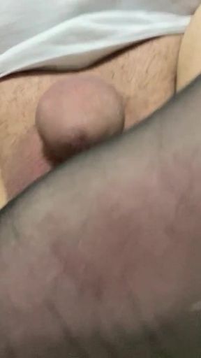 Trans Female Crossdresser Squirts Cum Out of Her Clit Cock Hands Free with No Masterbating Amateur Lingerie Heels and Stocking