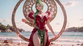 Green Goddess Beach Soliloquy! What bikini hides under that red gold armor?