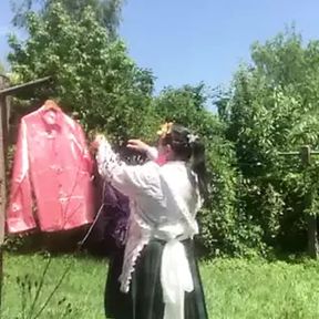 In planter&#039;s outfit, hanging laundry