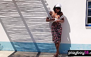 Latina Angel Constance stripping and relaxing after a tough day outdoor