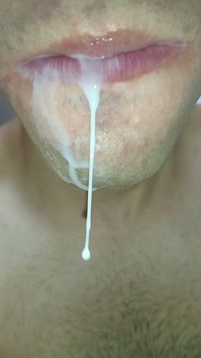 Cum in my mouth, play with your cum, and swallow it, six pack, close-up, gay naughty, tongue, sloopy   Clip 2