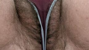 Quickie Wetting in Tight Red Thong -- Soaked Hairy Pussy, Ass, and Big Clit