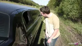 Mature German MILF Mareen gangbanged in car by old guys and boy