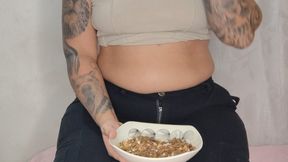 I eat something while I fart a lot in my jeans and burp, and then I do a little cleaning.