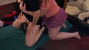 Brunette and red head play while room watches  Husband records