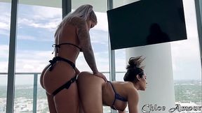 horny lesbian strap-on session between Chloe Amour and Hayley Davies