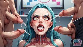 Office Orgy: Cracked Blue-haired MILF Gets Dual Penetration Mind Break