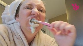 Brushing Teeth and Scrubbing Tongue with gargling and Hair up in Towel