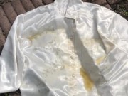 Peeing on a white satin blouse and cumming