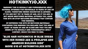 Blue-haired milf in a blue dress enjoys intense fisting at an abandoned building