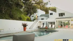 Busty blonde Riley Evans rides cock hard by the pool