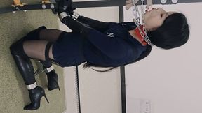 Chinese girl in boots and 10kg handcuffs is trained to walk her dog and practice stuffing a fake penis deep down her throat