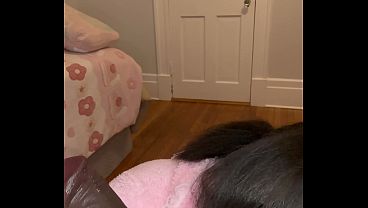 Tiny bimbo babysitter finds janitor watching porn stroking big black cock in closet